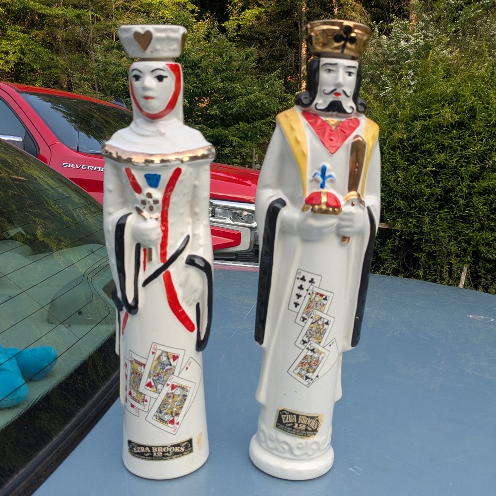 Ezra Brooks 1969 King Clubs  Queen Hearts Whiskey Decanters Empty Bottles